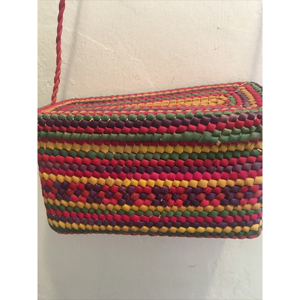 Anthropologie Rattan Woven Crossbody Bag Purse multi color square Unique rasta